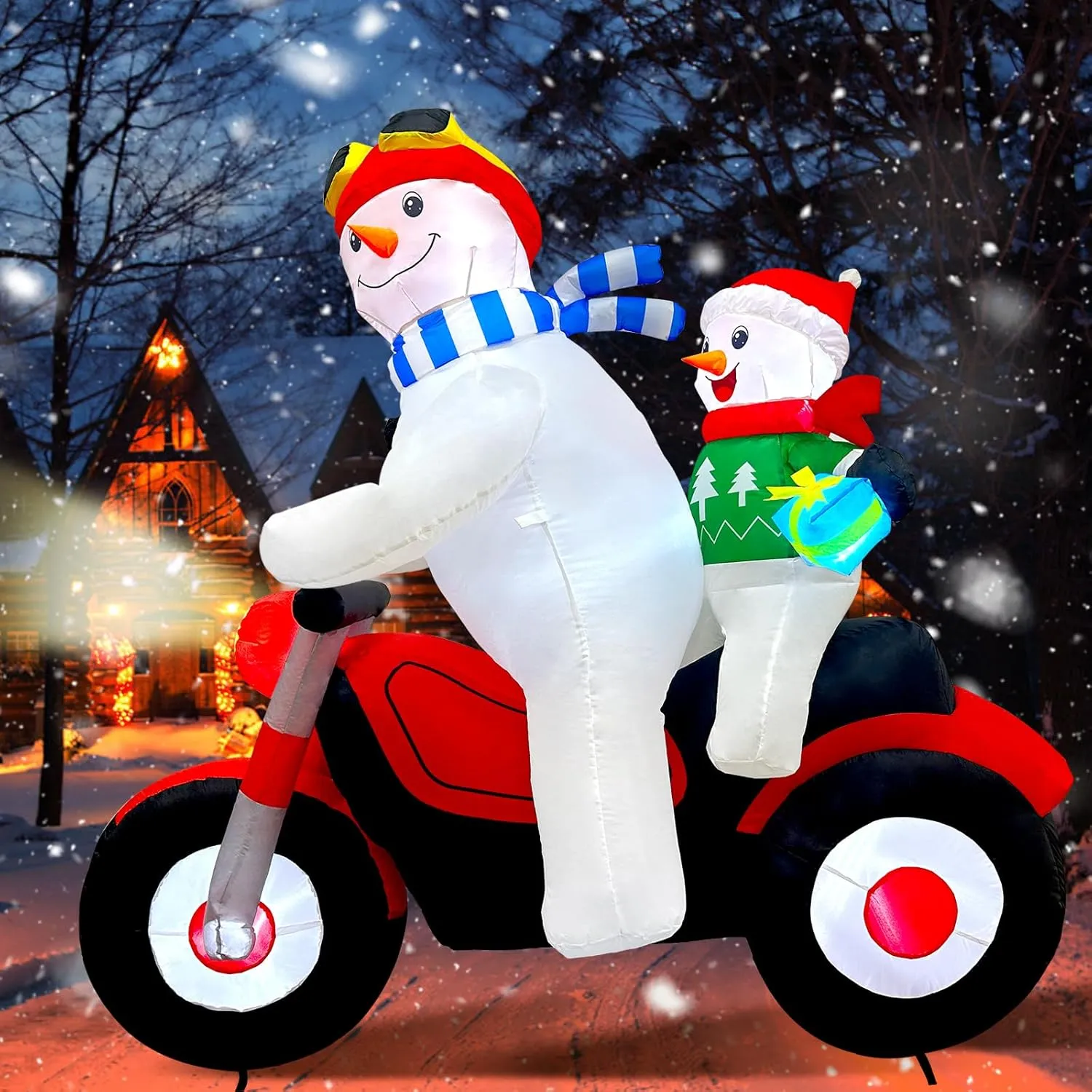 5.7FT Christmas Motorcycle Inflatable Snowman, Blow Up Snowman Father & Son o...