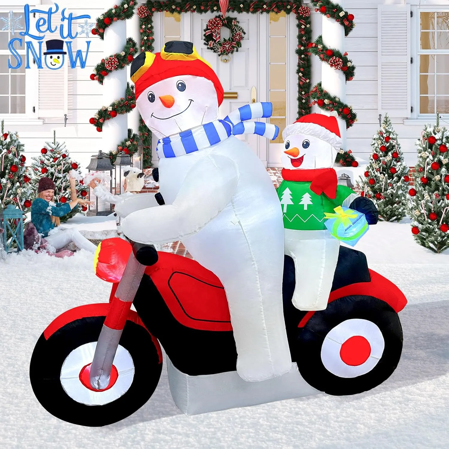 5.7FT Christmas Motorcycle Inflatable Snowman, Blow Up Snowman Father & Son o...