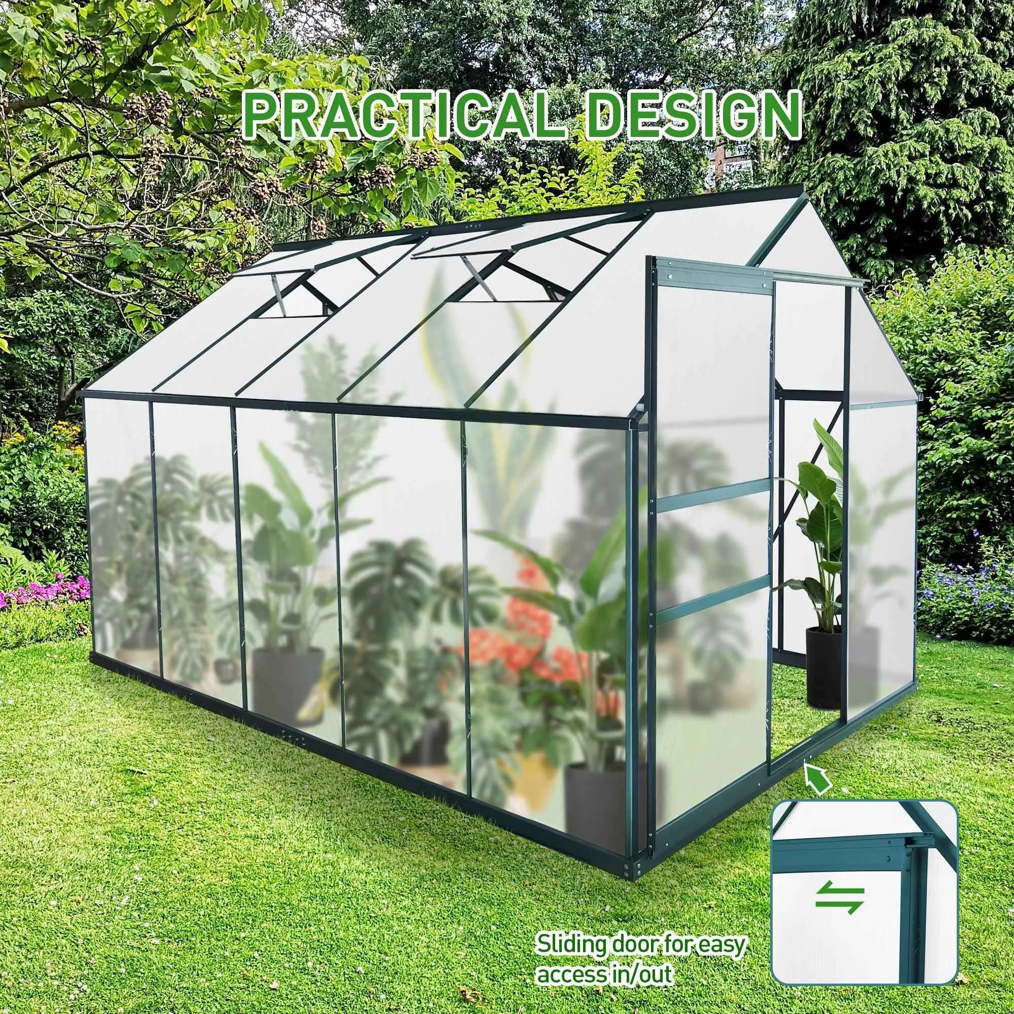 6'x 10' Walk-in Polycarbonate Greenhouse, Aluminum Heavy Duty Greenhouse Kit for Backyard Use in Winter