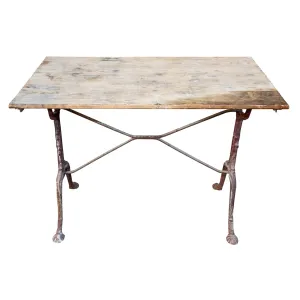 Antique French Distressed Garden Bistro Table with Red Iron Base