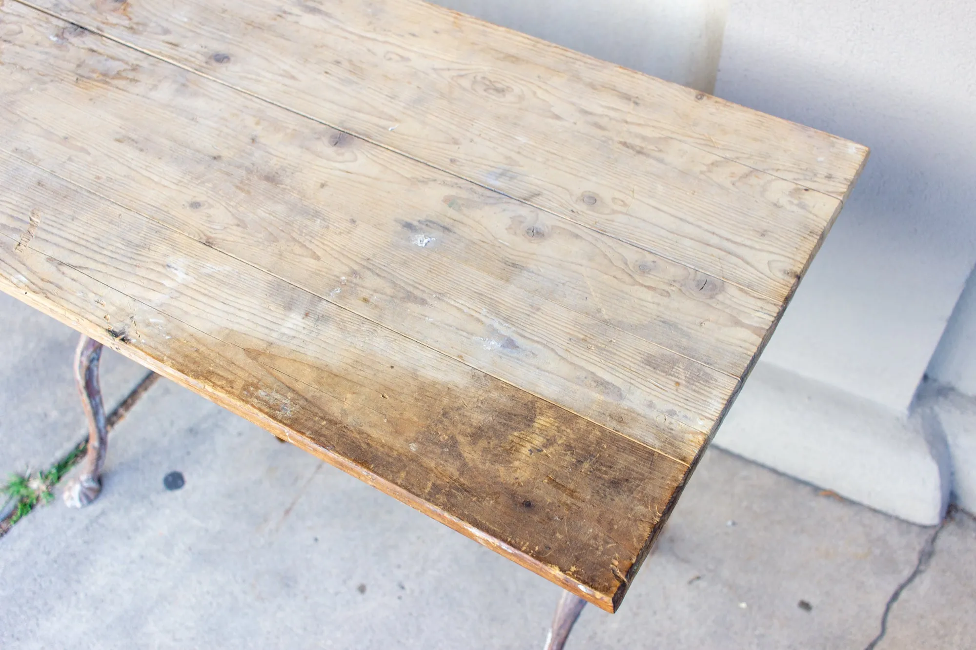 Antique French Distressed Garden Bistro Table with Red Iron Base