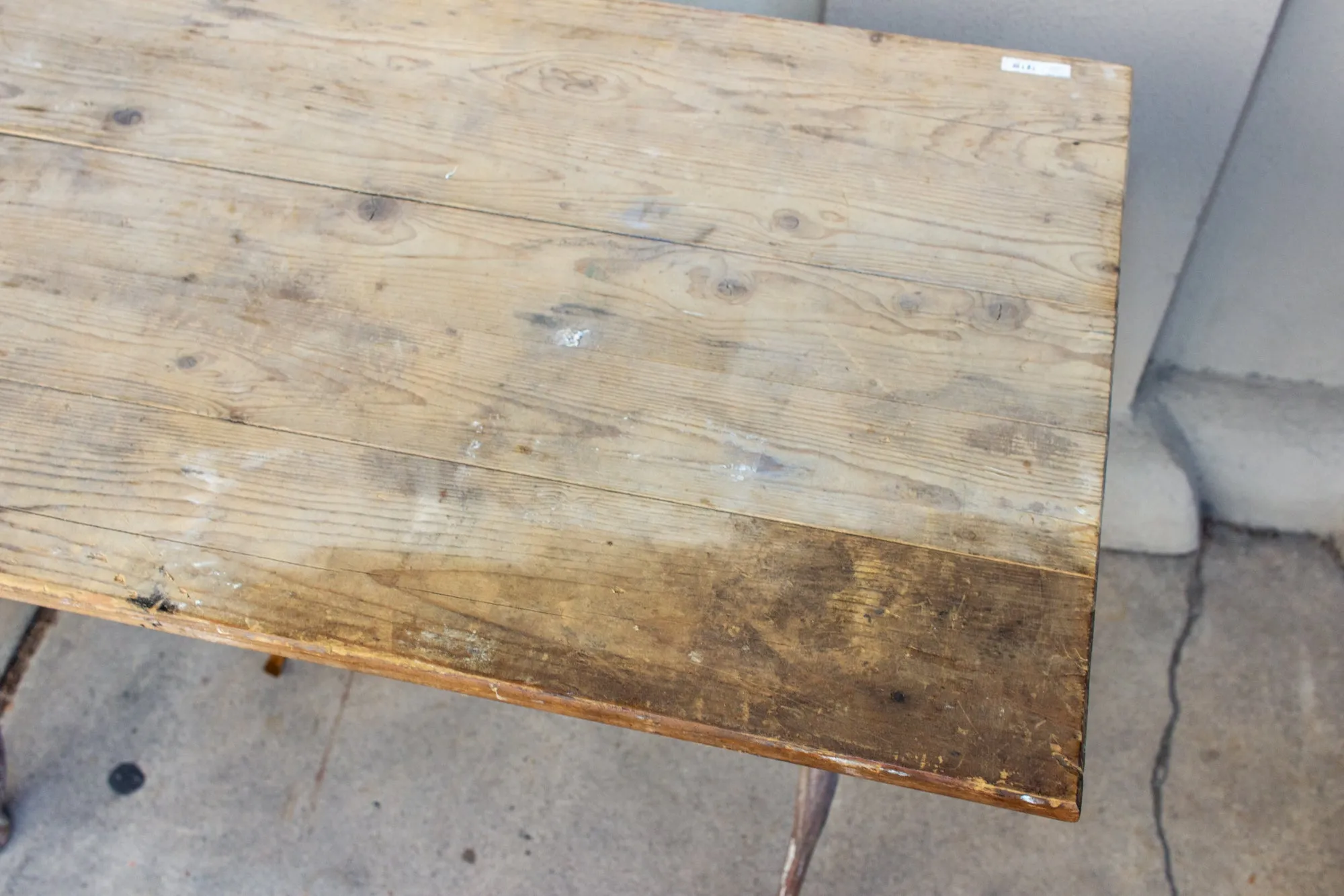 Antique French Distressed Garden Bistro Table with Red Iron Base