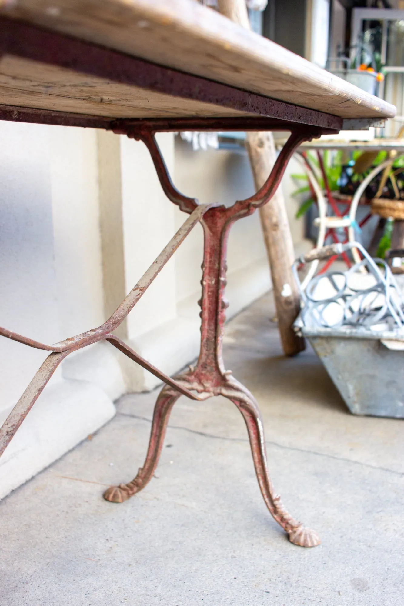 Antique French Distressed Garden Bistro Table with Red Iron Base