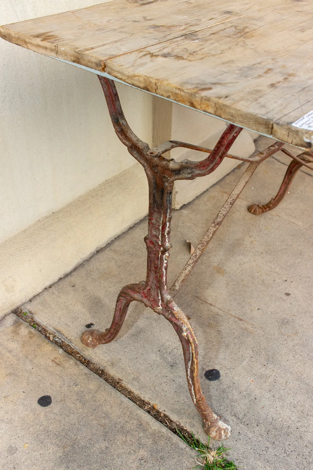 Antique French Distressed Garden Bistro Table with Red Iron Base