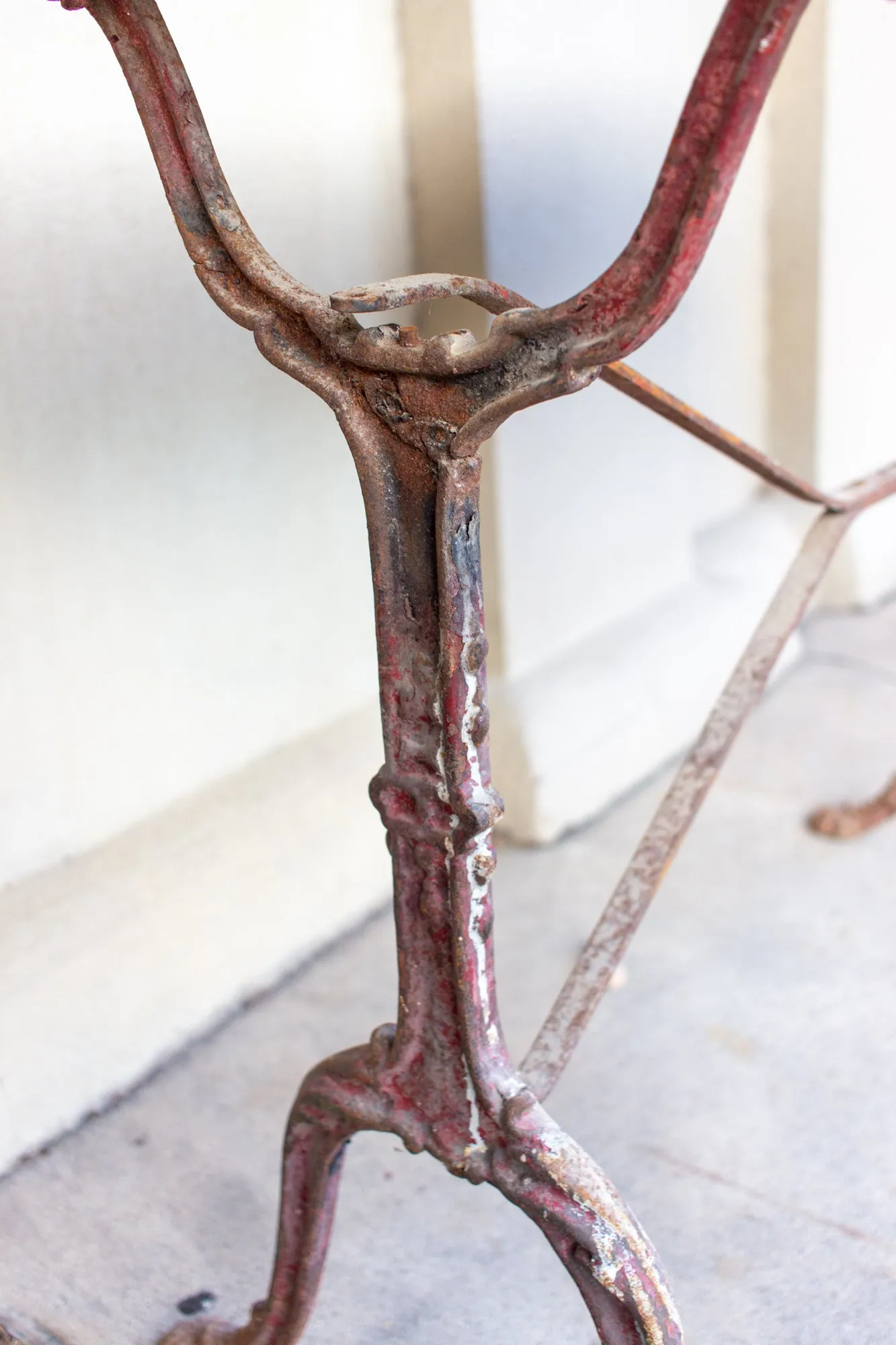 Antique French Distressed Garden Bistro Table with Red Iron Base