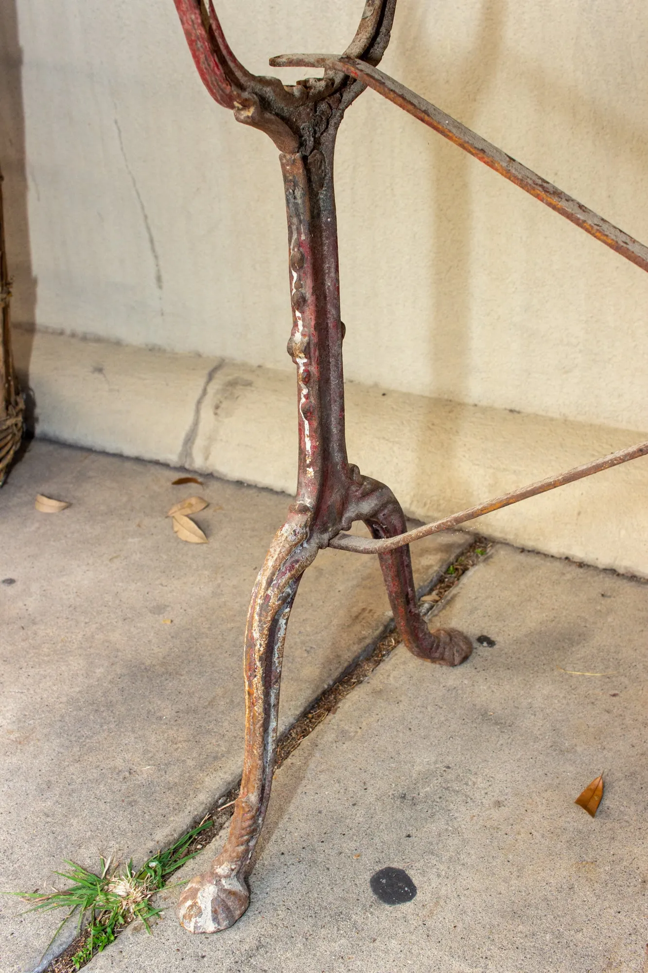 Antique French Distressed Garden Bistro Table with Red Iron Base