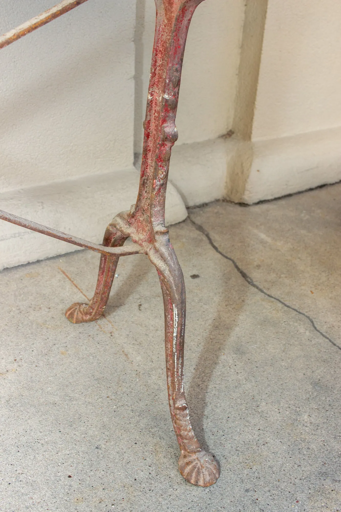 Antique French Distressed Garden Bistro Table with Red Iron Base