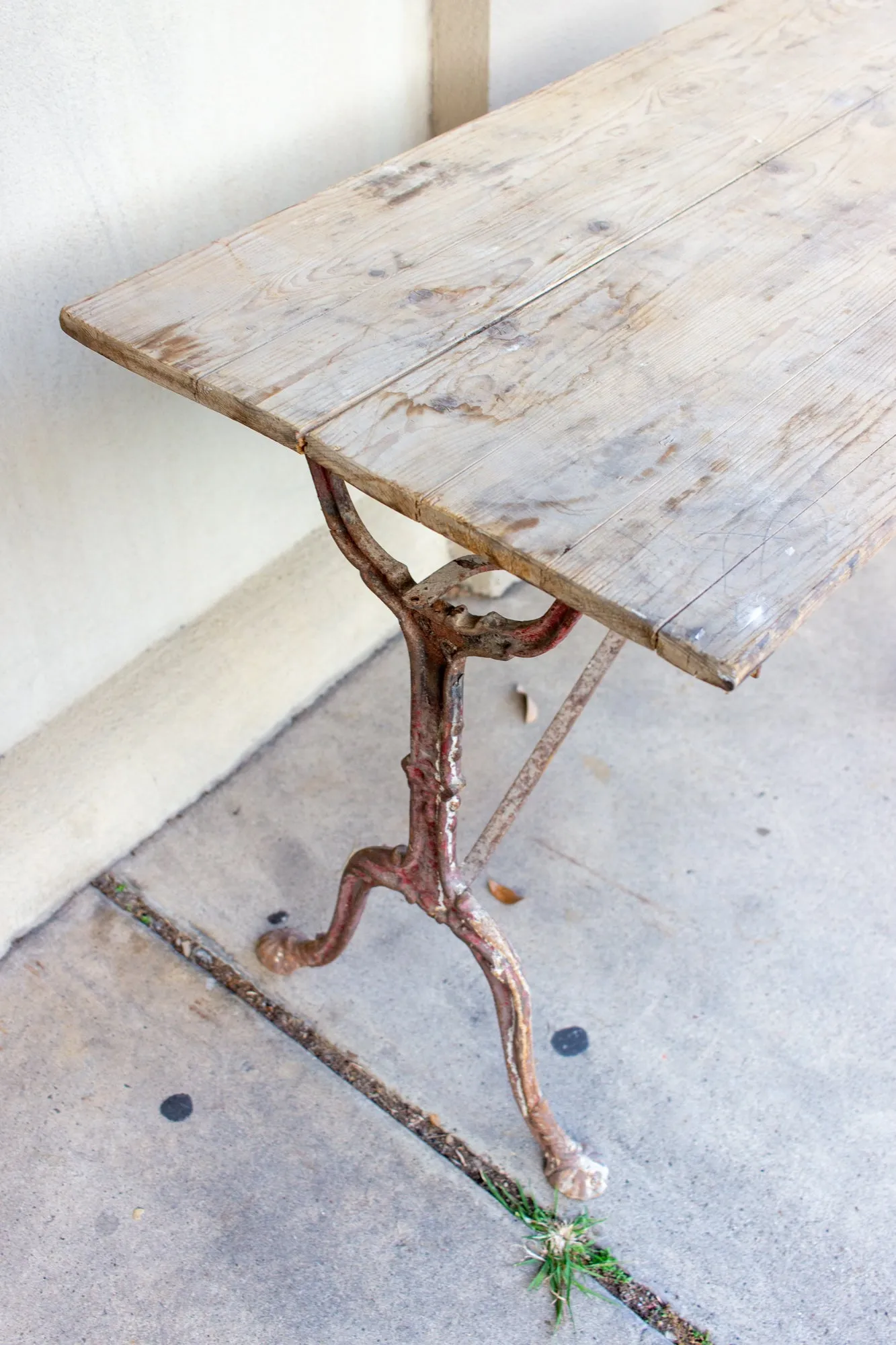 Antique French Distressed Garden Bistro Table with Red Iron Base