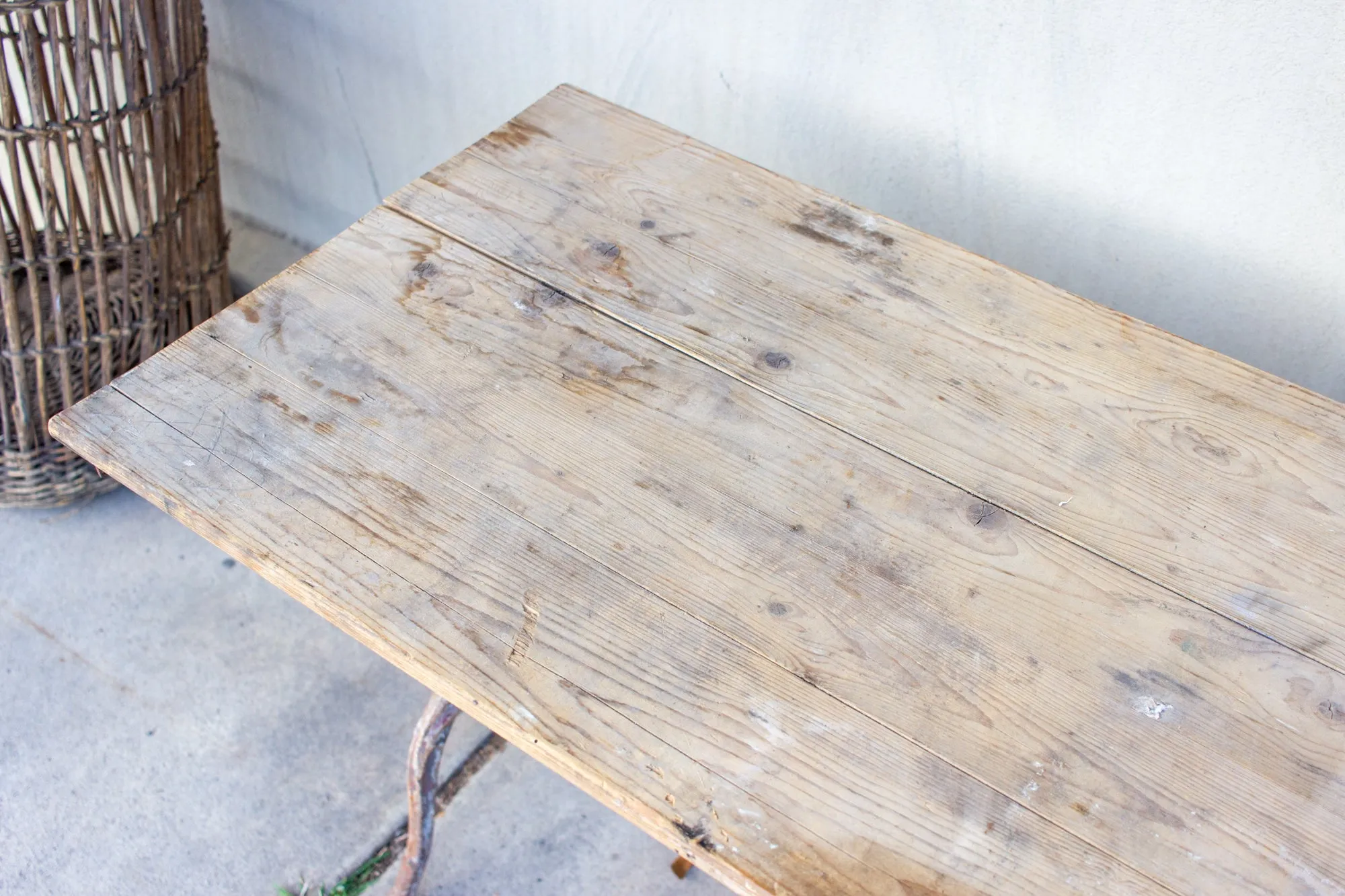 Antique French Distressed Garden Bistro Table with Red Iron Base