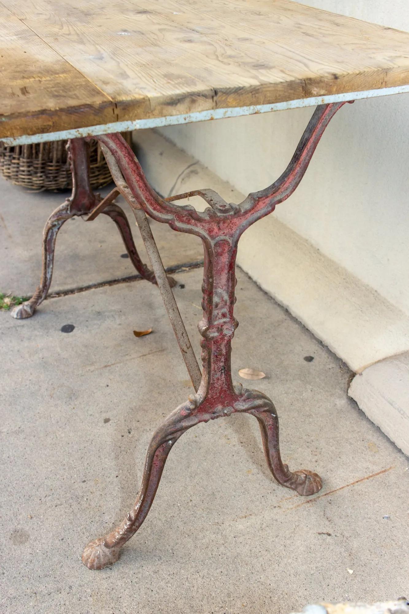 Antique French Distressed Garden Bistro Table with Red Iron Base