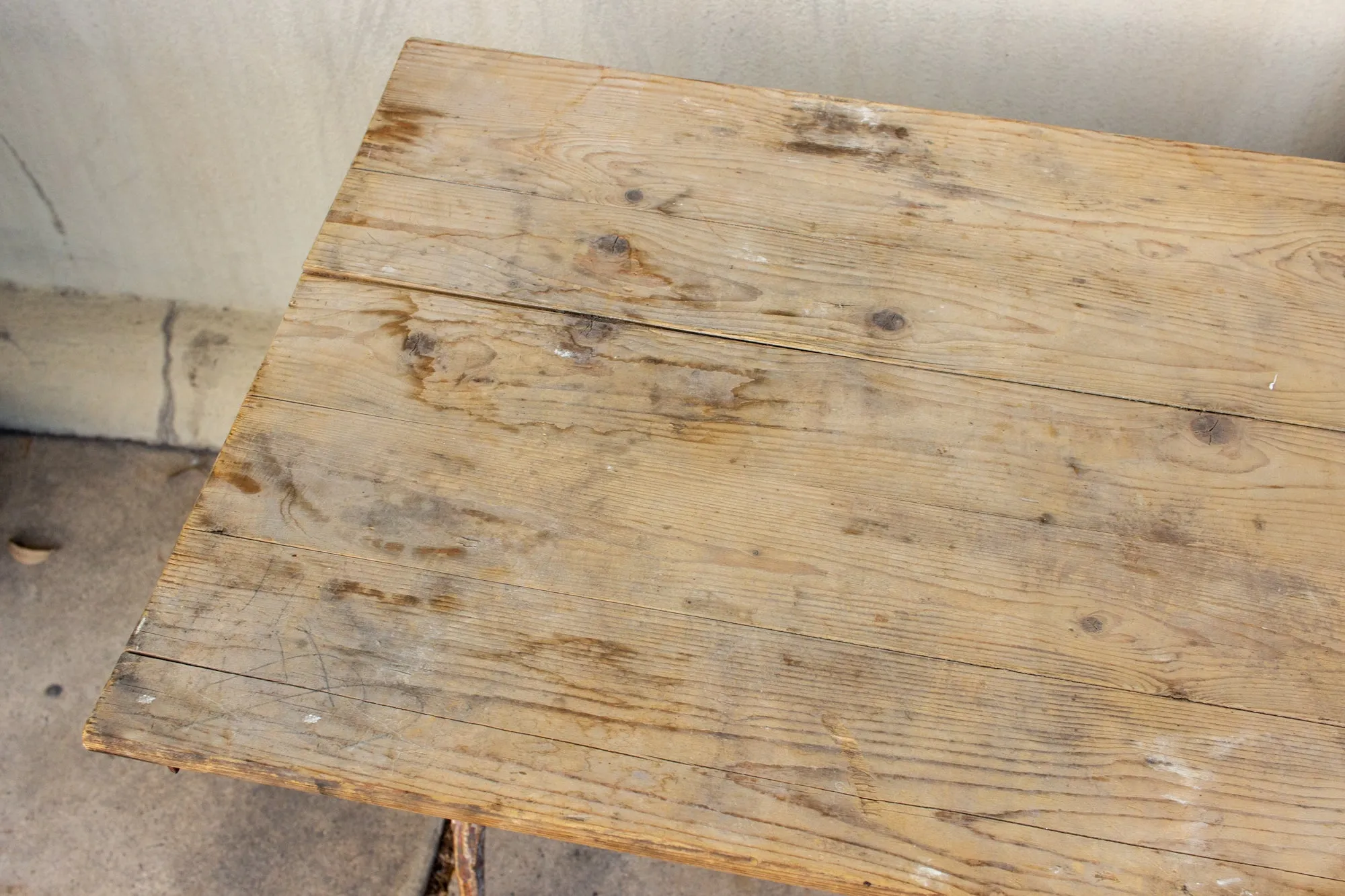 Antique French Distressed Garden Bistro Table with Red Iron Base
