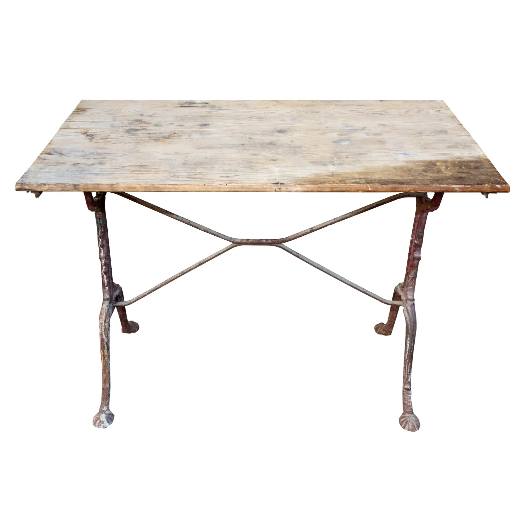 Antique French Distressed Garden Bistro Table with Red Iron Base