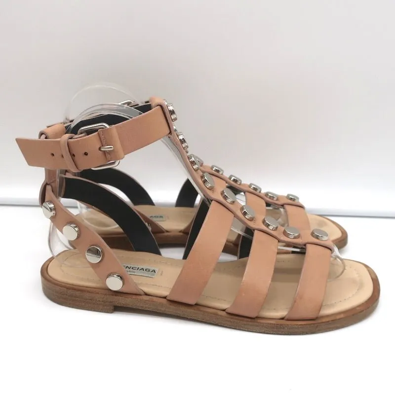 Balenciaga Studded Gladiator Sandals Nude Leather Size 36 Ankle Strap Flats