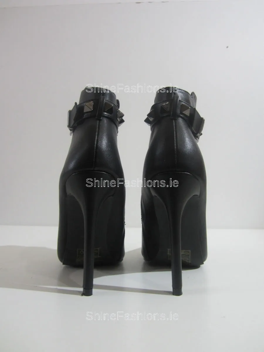 Black Studded Front Strap Stiletto Heel Ankle Boot