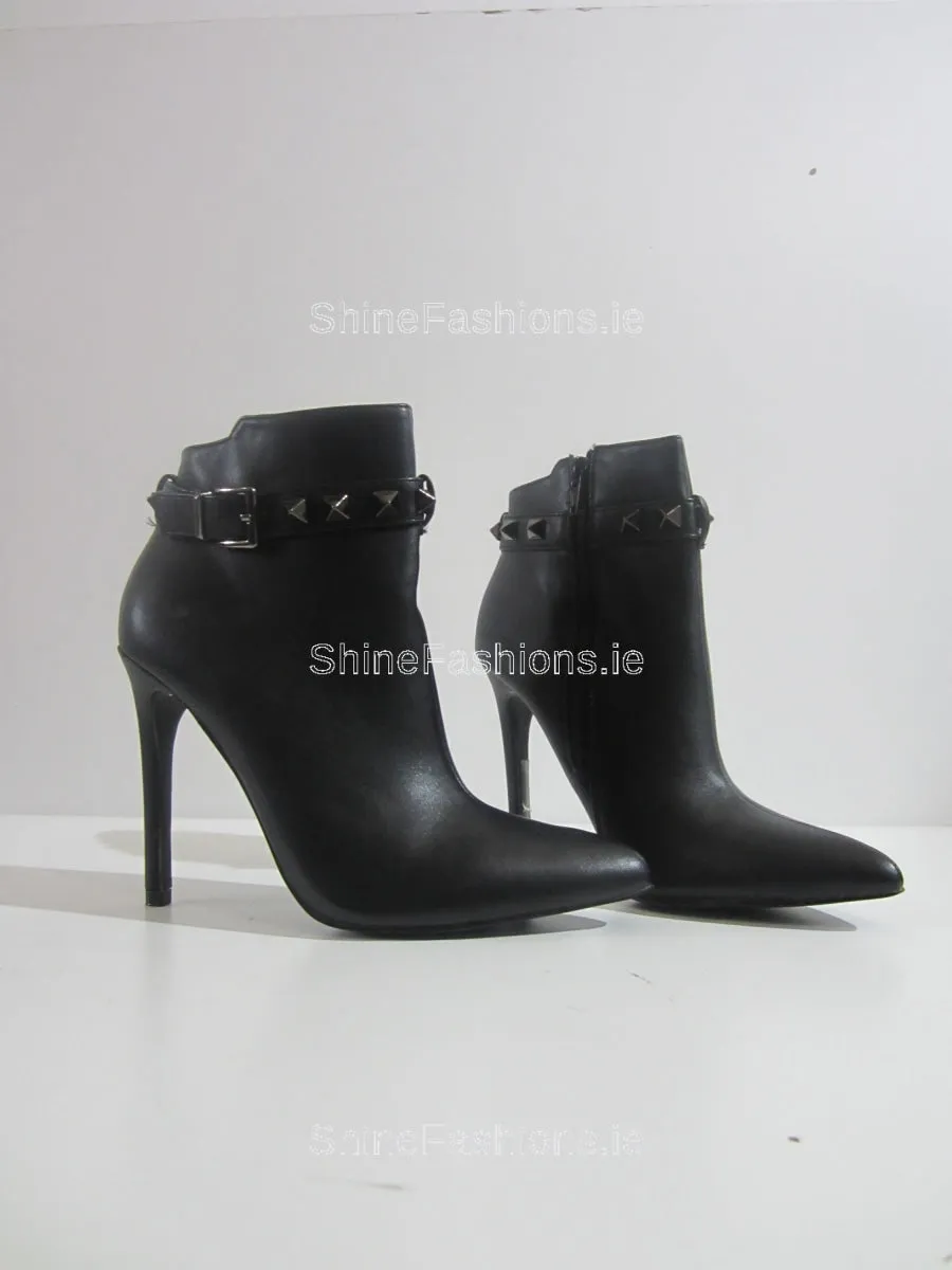 Black Studded Front Strap Stiletto Heel Ankle Boot