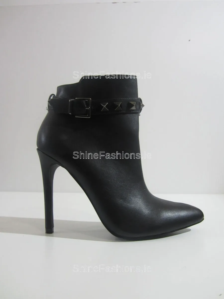 Black Studded Front Strap Stiletto Heel Ankle Boot
