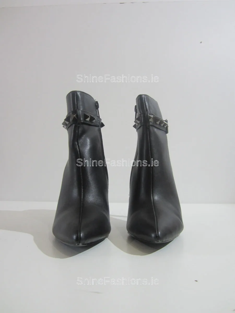 Black Studded Front Strap Stiletto Heel Ankle Boot