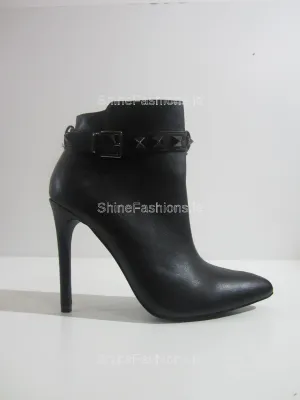 Black Studded Front Strap Stiletto Heel Ankle Boot