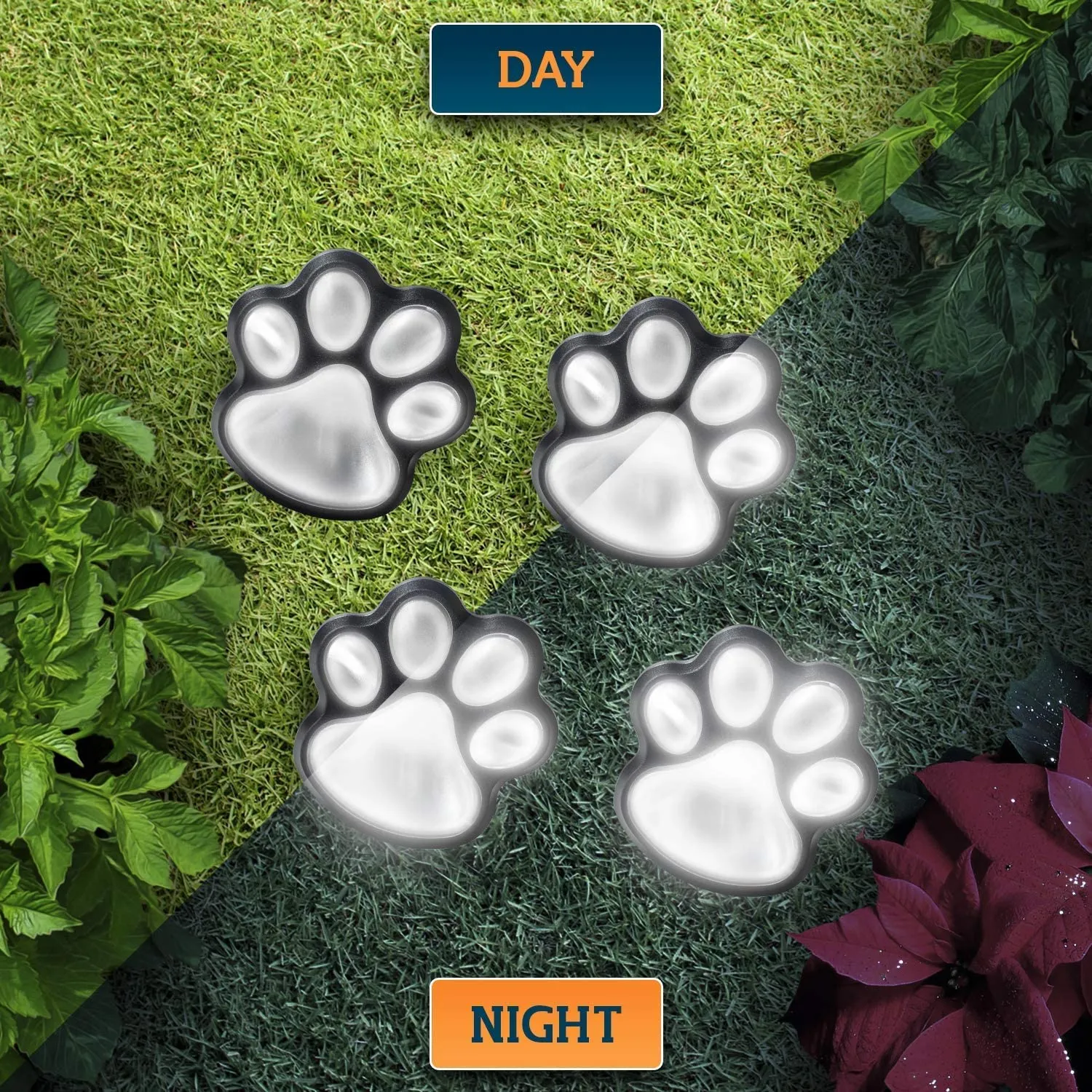 Brand new set of Solar LED Paw Print Lights! Charges by day & shines from dusk to dawn! Easy Install, No outlet required!