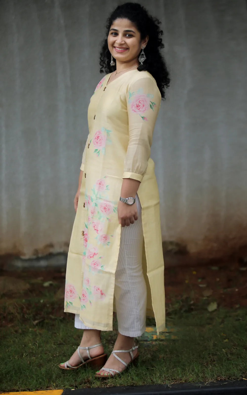 BUTTER YELLOW ROSE CHANDERI SILK KURTA