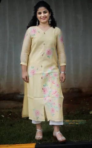 BUTTER YELLOW ROSE CHANDERI SILK KURTA