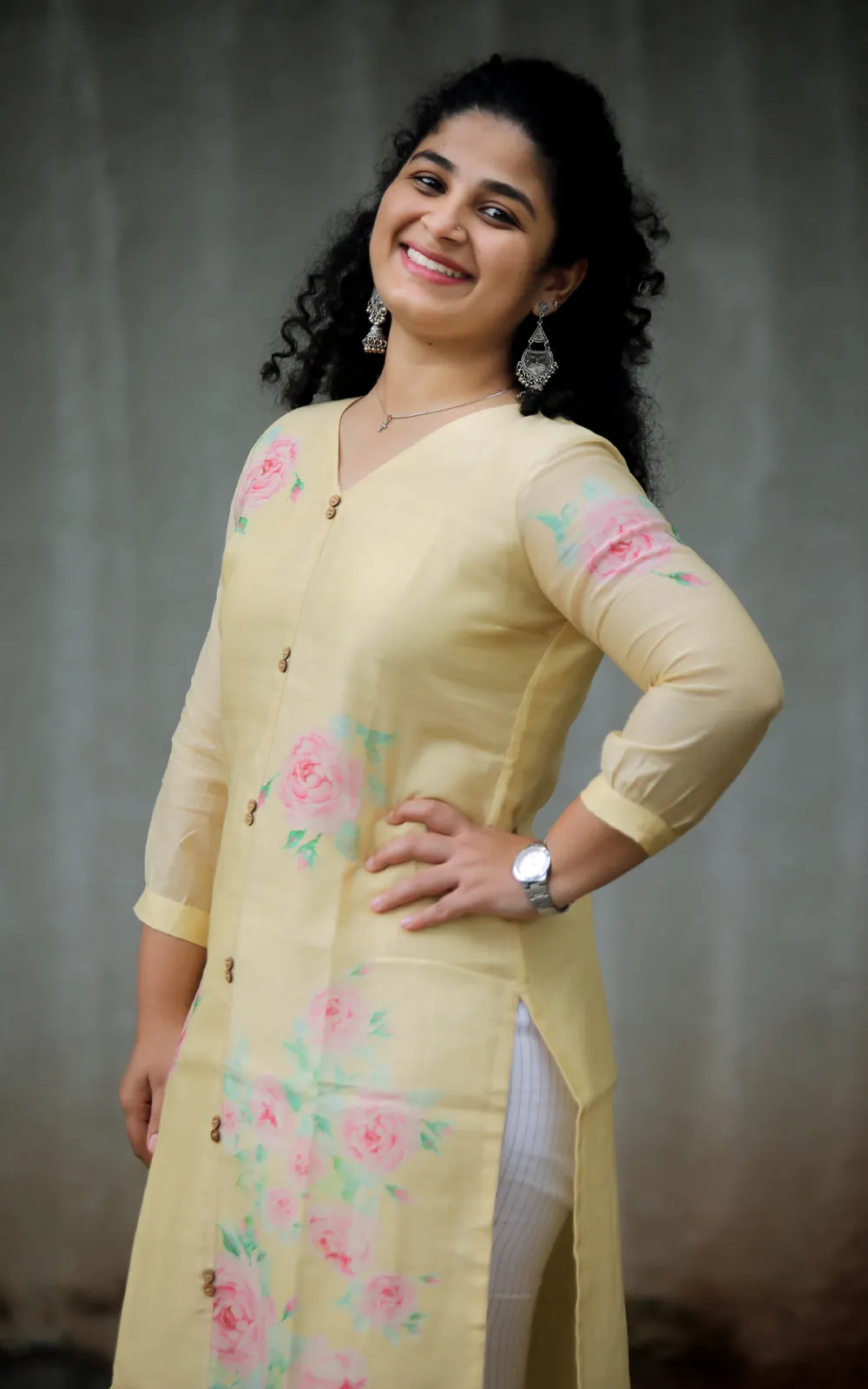 BUTTER YELLOW ROSE CHANDERI SILK KURTA