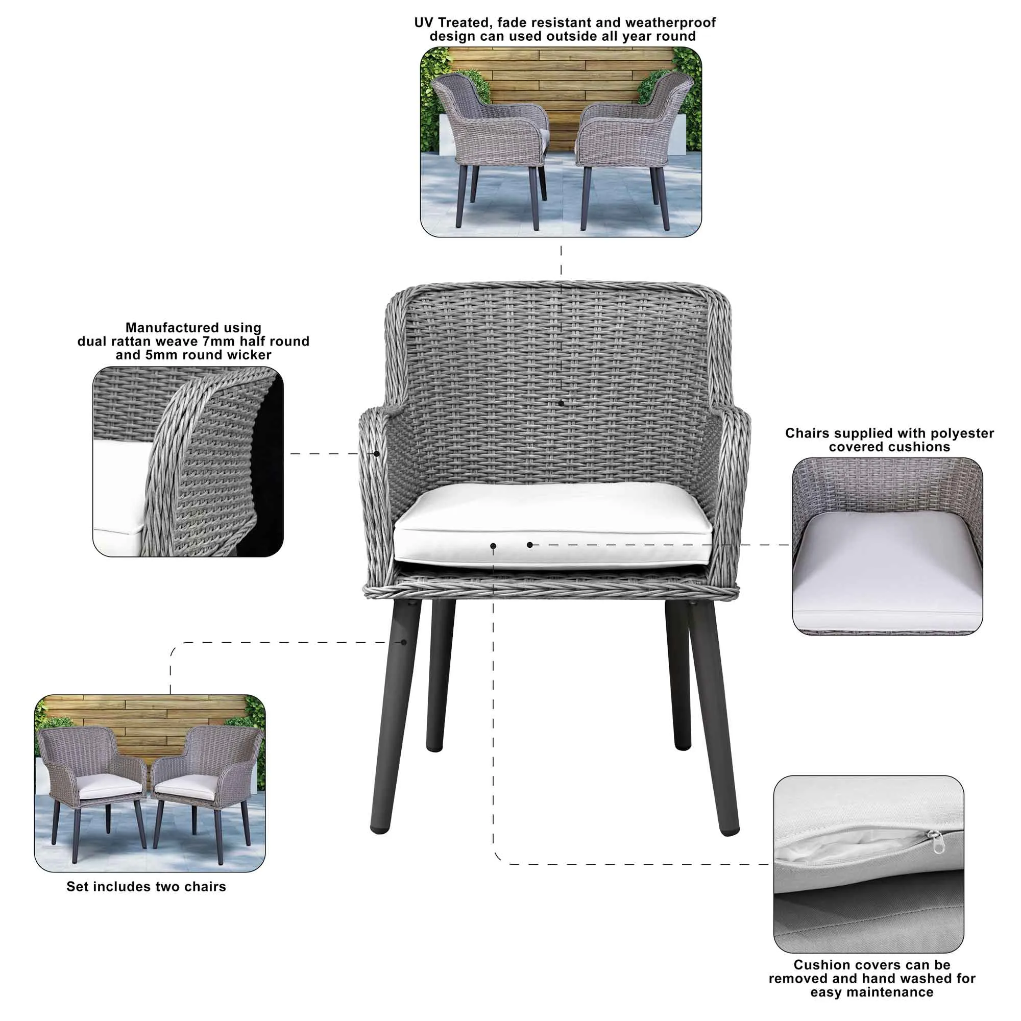 Buxton Rattan Wicker Outdoor Dining Armchair with Cushions, Set of 2, Grey - DG76