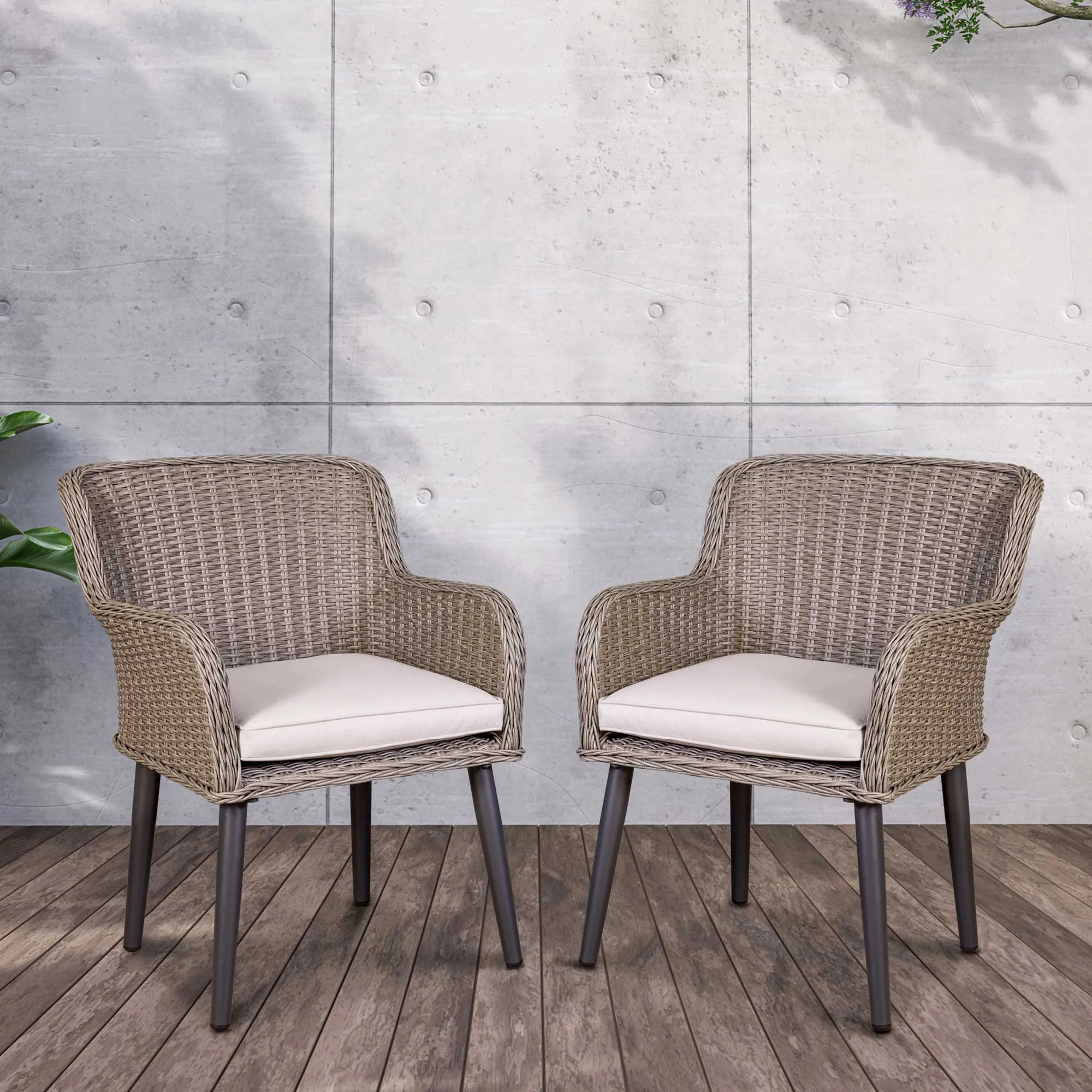 Buxton Rattan Wicker Outdoor Dining Armchair with Cushions, Set of 2, Grey - DG76