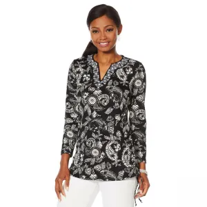 Caya Costa Women's Plus Size Long Sleeve Side Tie Embroidered Tunic Top