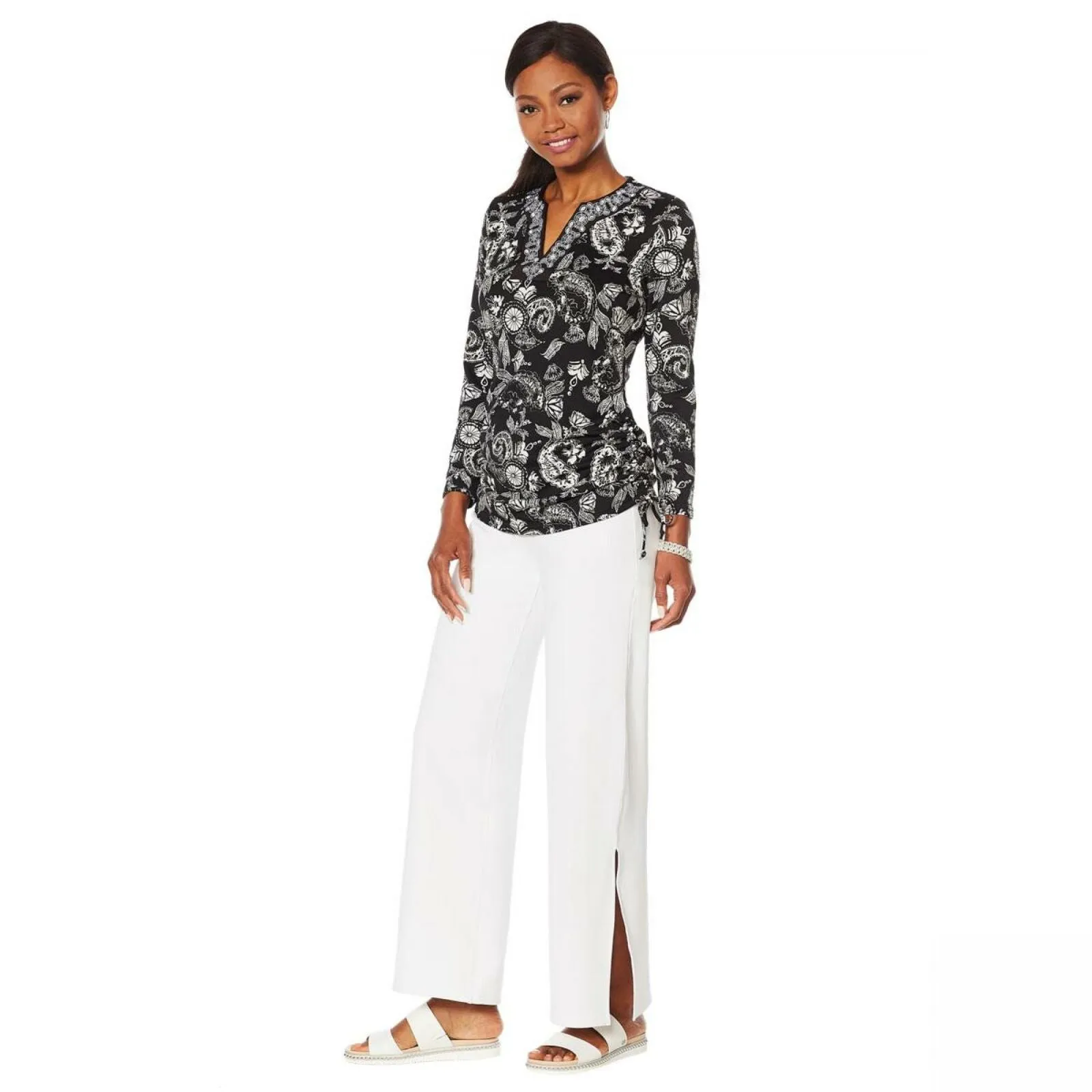 Caya Costa Women's Plus Size Long Sleeve Side Tie Embroidered Tunic Top