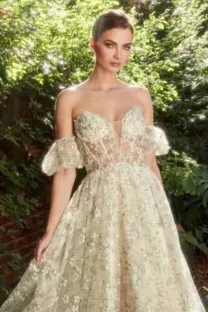 CD A1197 - Embroidered Organza Tea Length Formal Gown with Sheer Boned Corset Bodice & Optional Puff Sleeves
