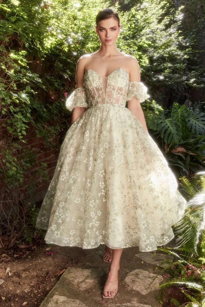 CD A1197 - Embroidered Organza Tea Length Formal Gown with Sheer Boned Corset Bodice & Optional Puff Sleeves