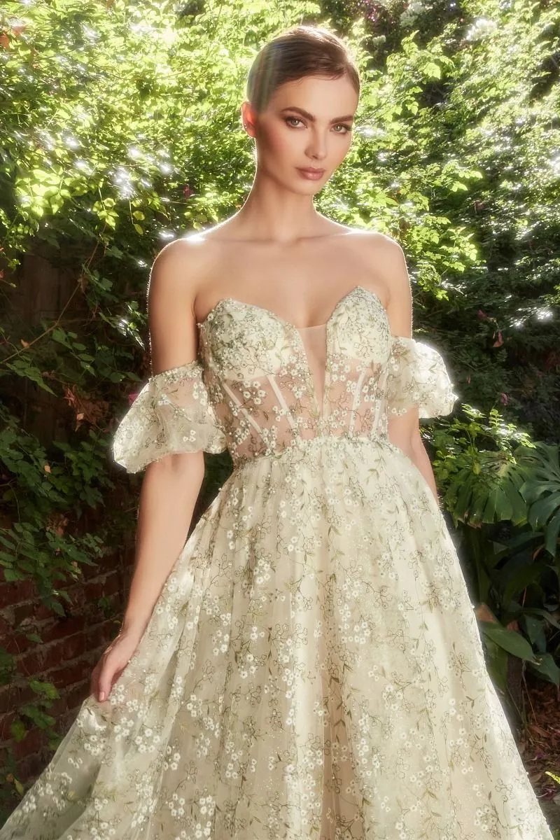 CD A1197 - Embroidered Organza Tea Length Formal Gown with Sheer Boned Corset Bodice & Optional Puff Sleeves