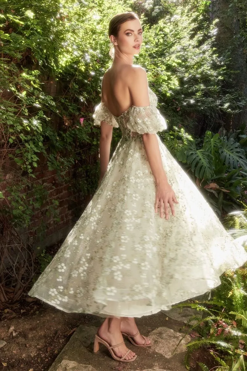 CD A1197 - Embroidered Organza Tea Length Formal Gown with Sheer Boned Corset Bodice & Optional Puff Sleeves