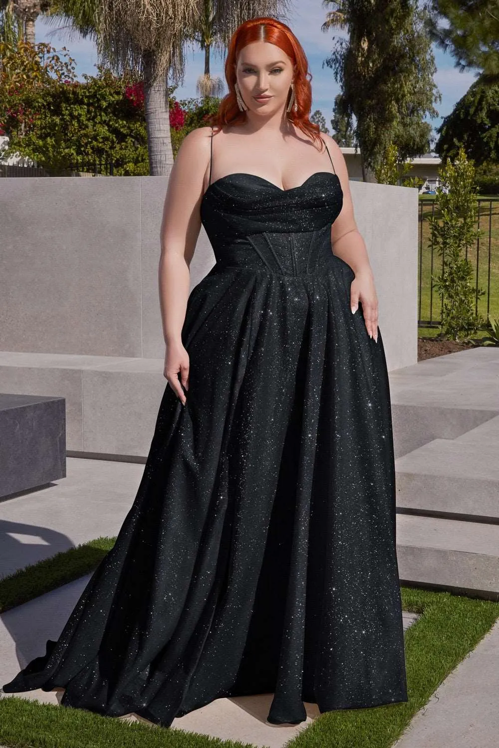 CD CD252 - Shimmering A-Line Prom Gown with Boned Bodice Cowl Neck Open Corset Back & Leg Slit