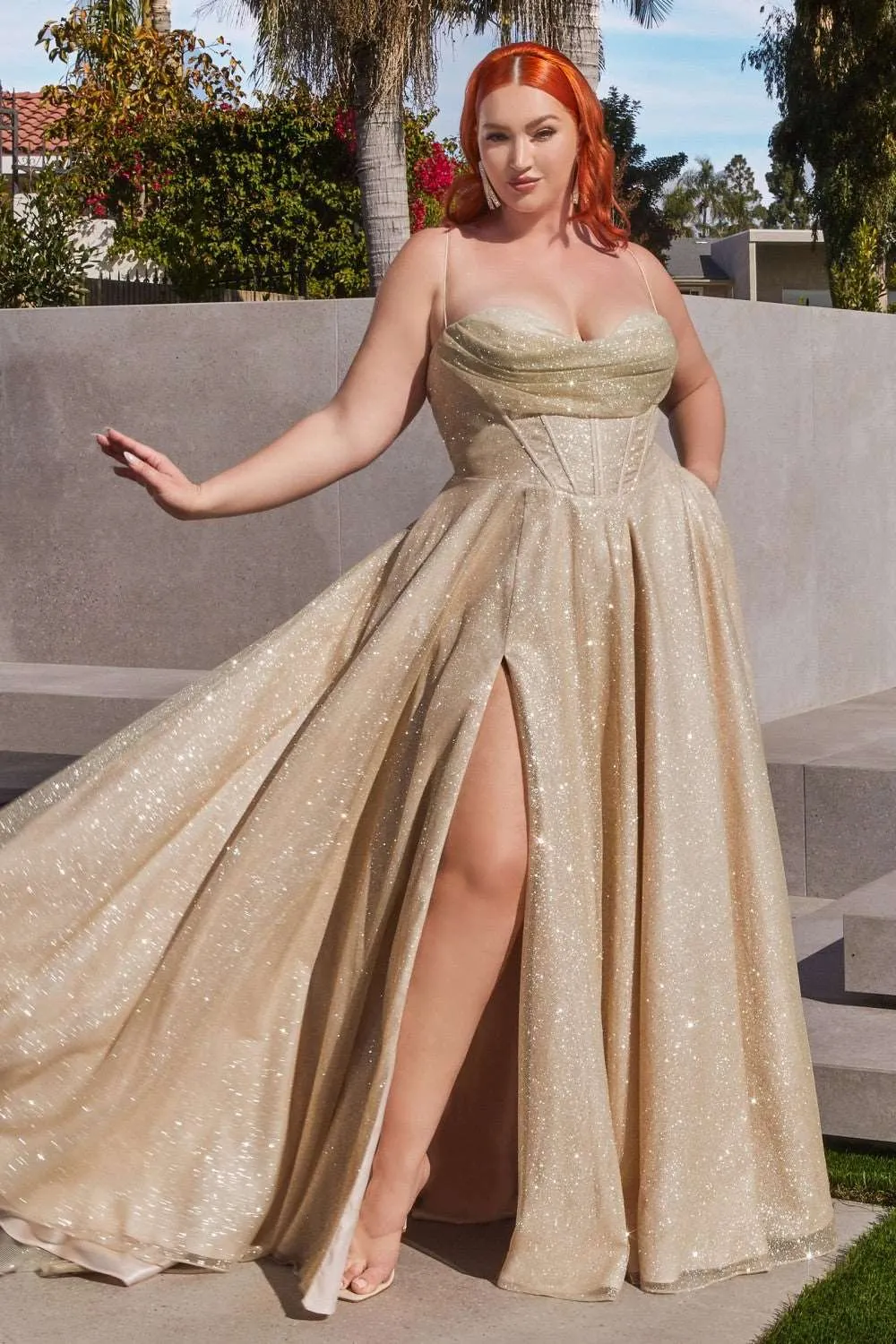 CD CD252 - Shimmering A-Line Prom Gown with Boned Bodice Cowl Neck Open Corset Back & Leg Slit