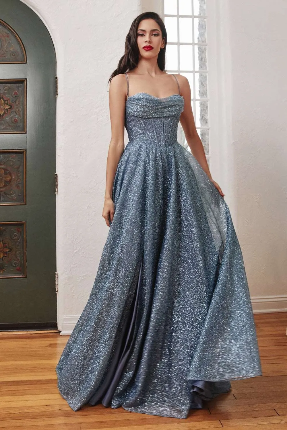 CD CD252 - Shimmering A-Line Prom Gown with Boned Bodice Cowl Neck Open Corset Back & Leg Slit