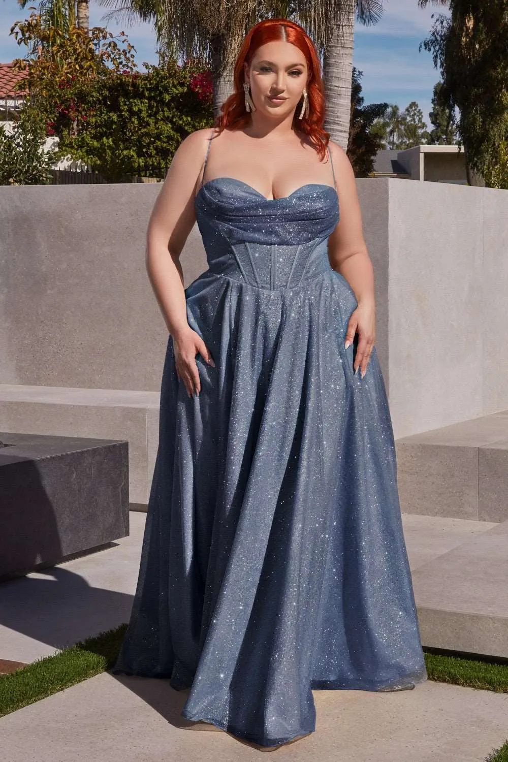 CD CD252 - Shimmering A-Line Prom Gown with Boned Bodice Cowl Neck Open Corset Back & Leg Slit