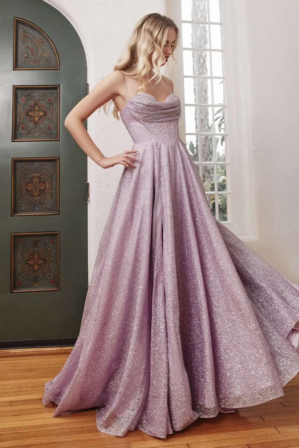CD CD252 - Shimmering A-Line Prom Gown with Boned Bodice Cowl Neck Open Corset Back & Leg Slit
