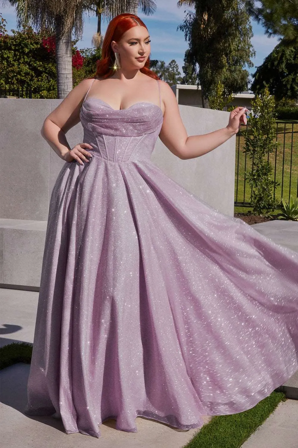 CD CD252 - Shimmering A-Line Prom Gown with Boned Bodice Cowl Neck Open Corset Back & Leg Slit