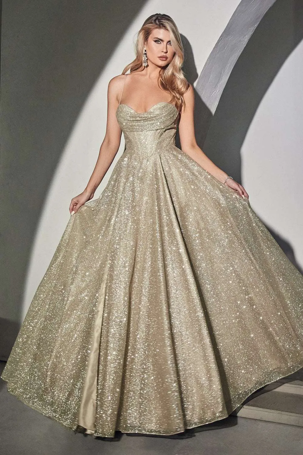 CD CD252 - Shimmering A-Line Prom Gown with Boned Bodice Cowl Neck Open Corset Back & Leg Slit
