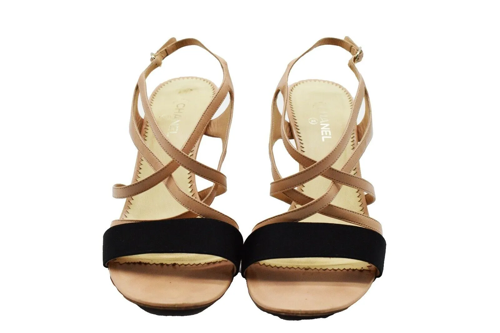 Chanel - Strappy Sandal Open Toe Heels - Satin Beige Black - CC Logo - US 8 - 39