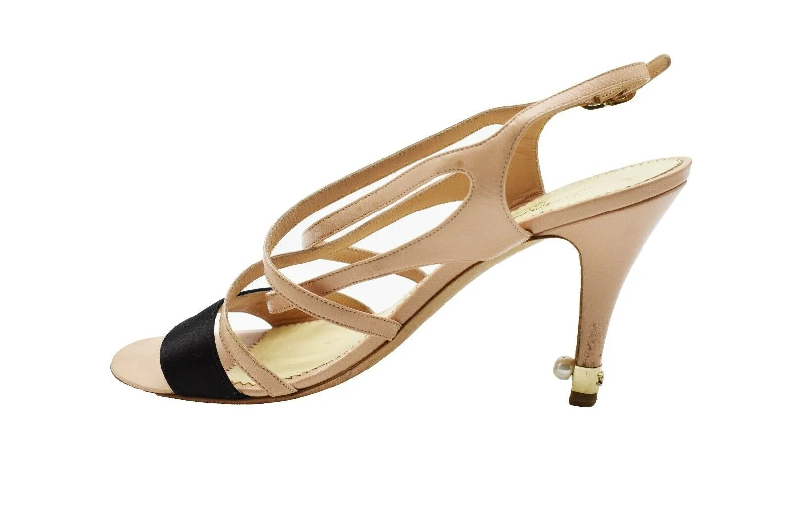 Chanel - Strappy Sandal Open Toe Heels - Satin Beige Black - CC Logo - US 8 - 39