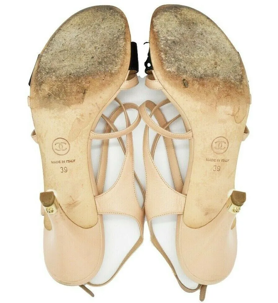 Chanel - Strappy Sandal Open Toe Heels - Satin Beige Black - CC Logo - US 8 - 39