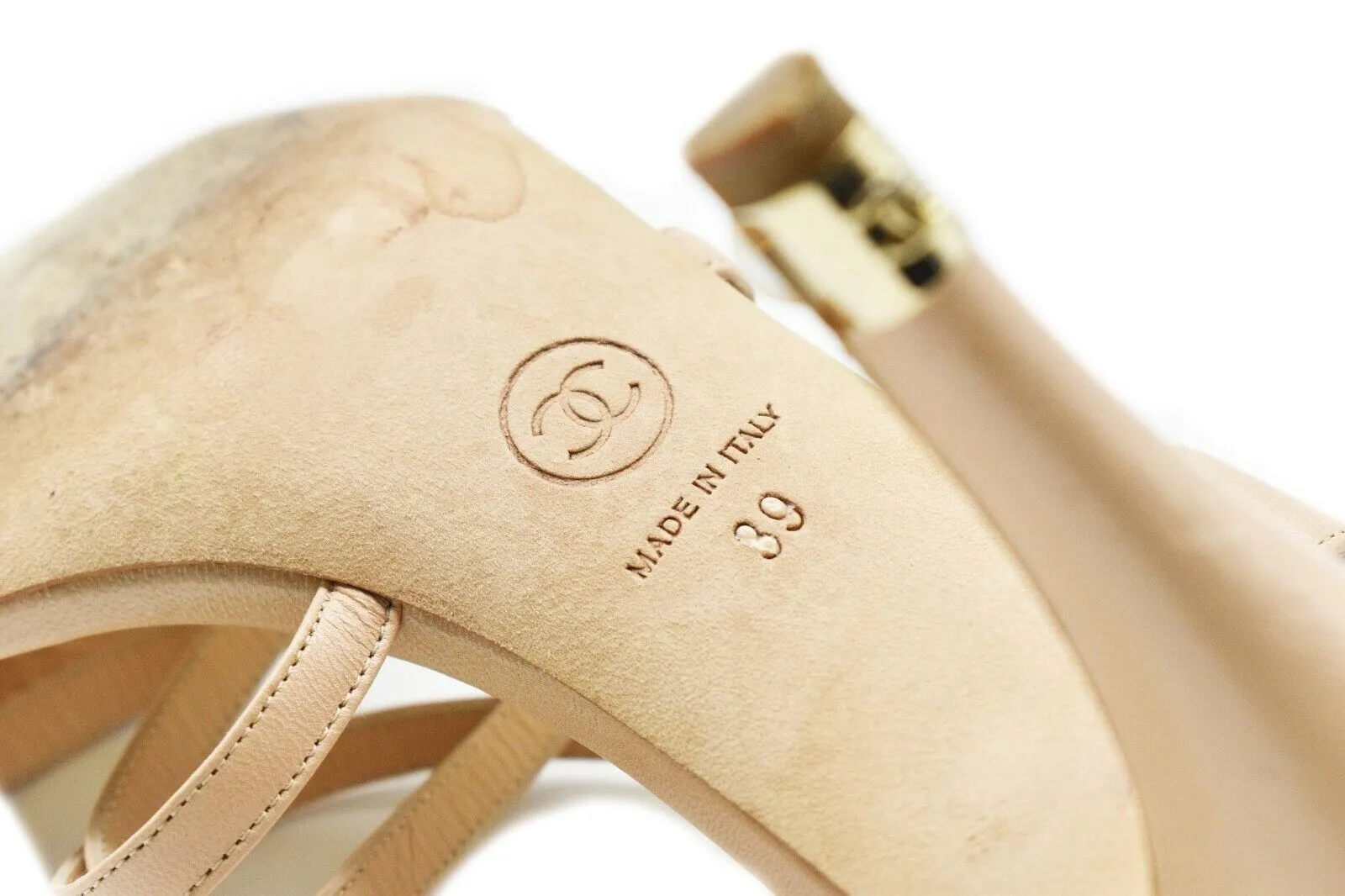 Chanel - Strappy Sandal Open Toe Heels - Satin Beige Black - CC Logo - US 8 - 39