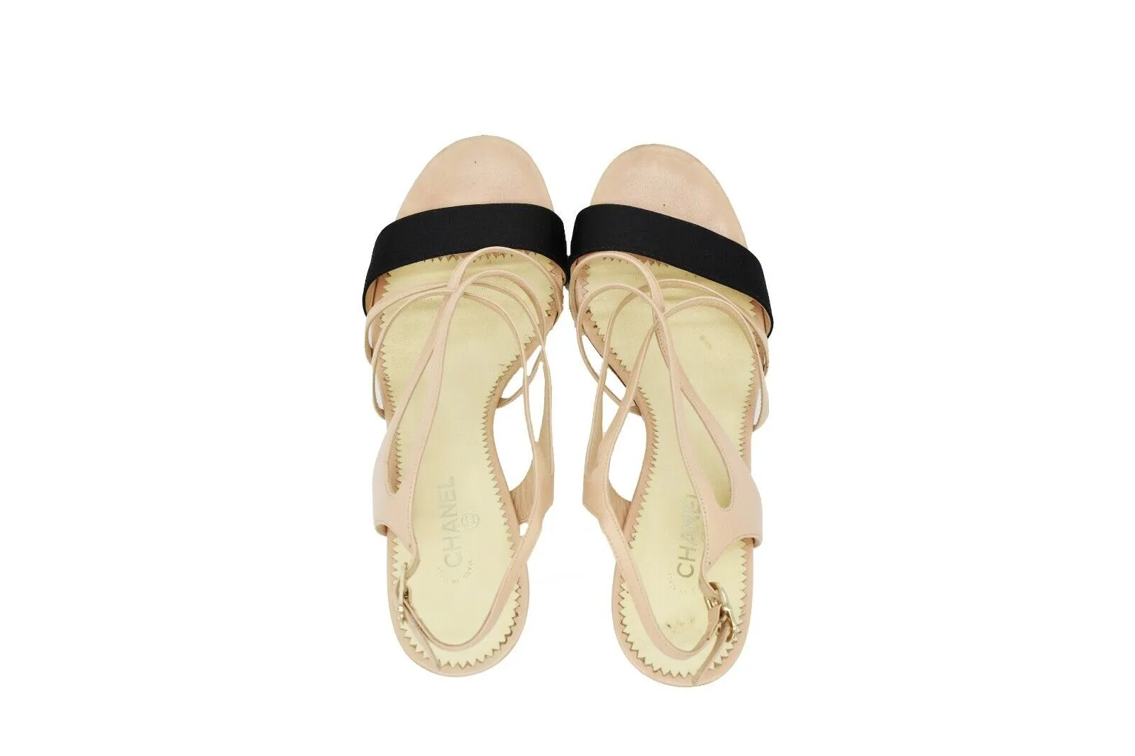 Chanel - Strappy Sandal Open Toe Heels - Satin Beige Black - CC Logo - US 8 - 39