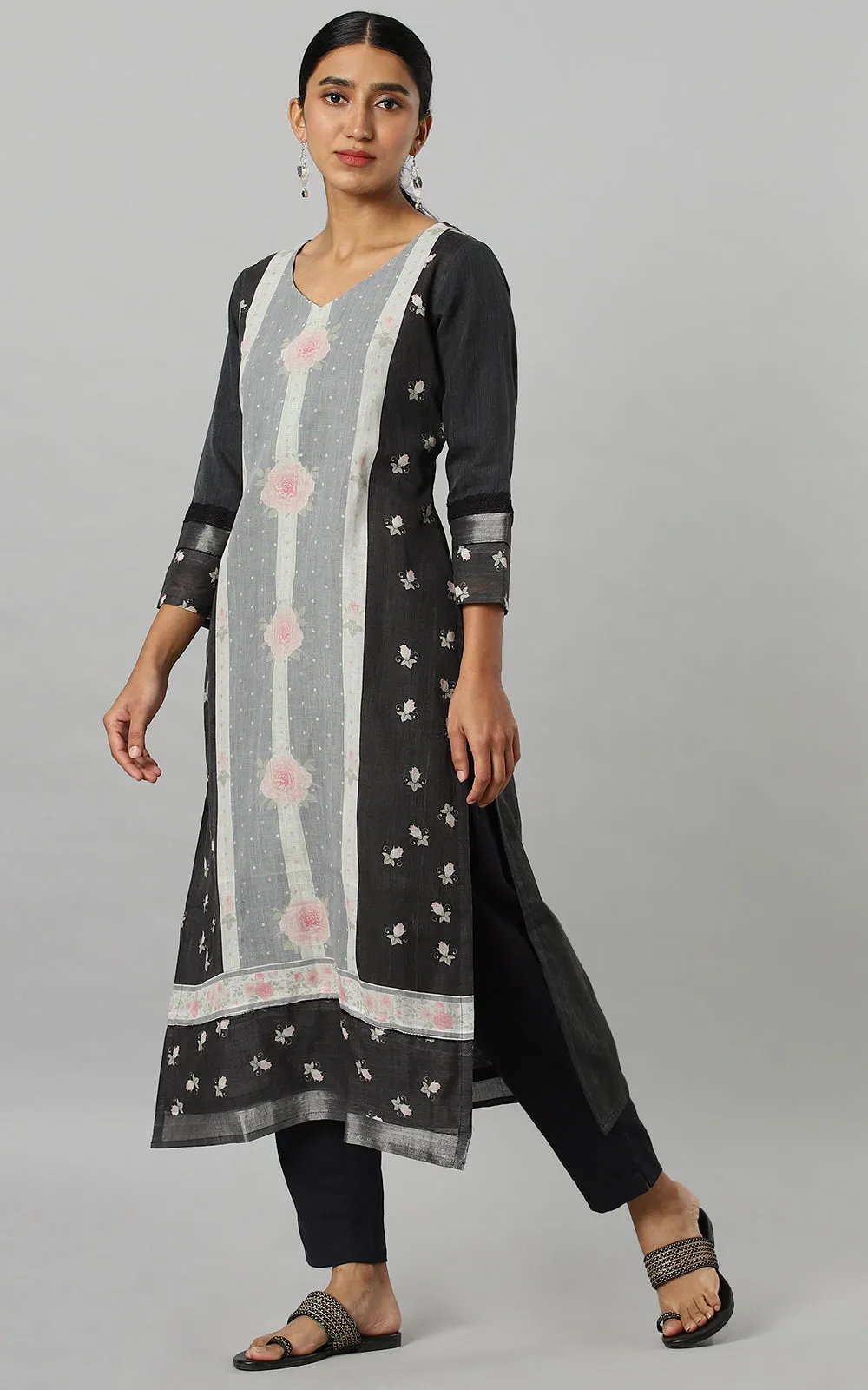 CHARCOAL ROSE-BUD KURTA