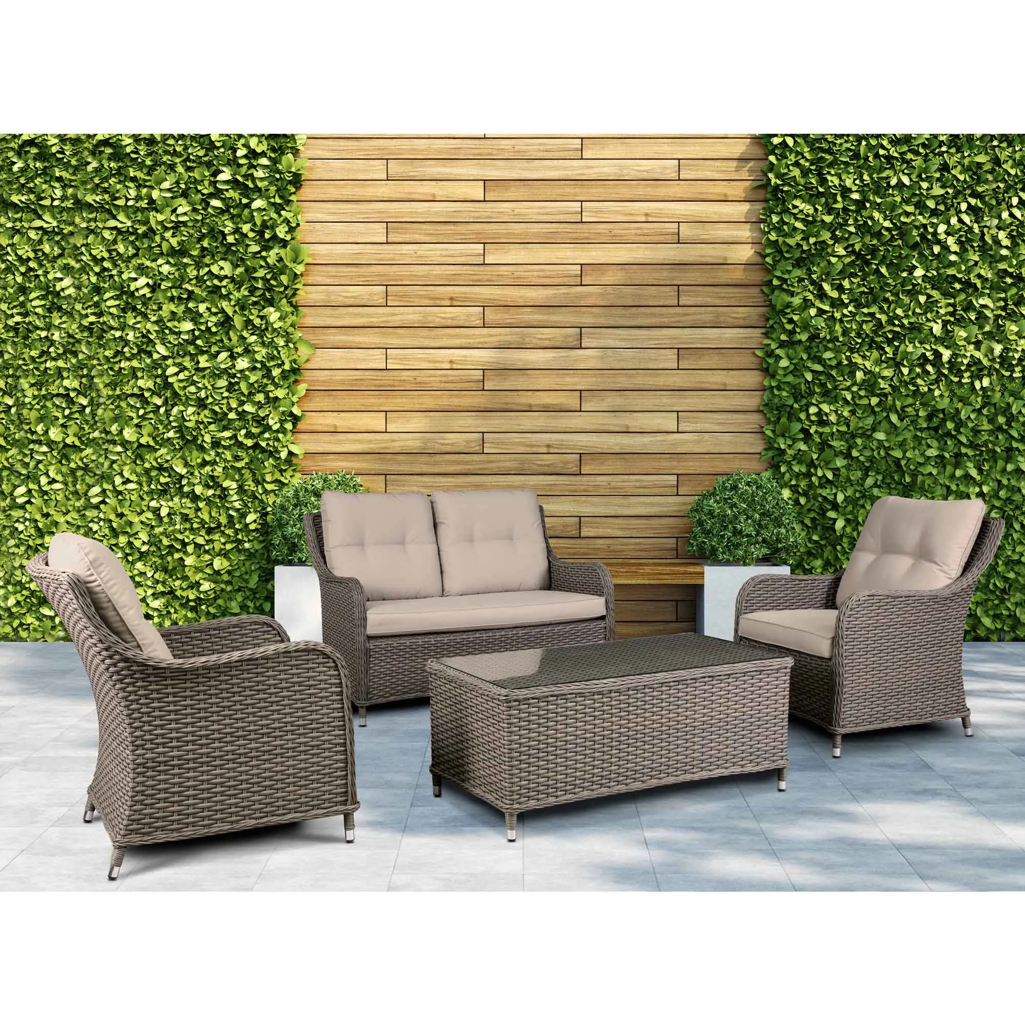 Chester 4 Piece Outdoor Rattan Lounge Set with Double Seater Sofa, Brown - DG87