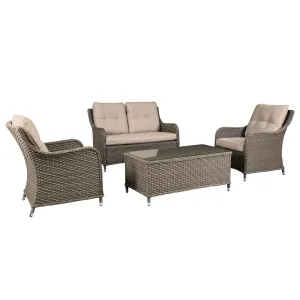 Chester 4 Piece Outdoor Rattan Lounge Set with Double Seater Sofa, Brown - DG87