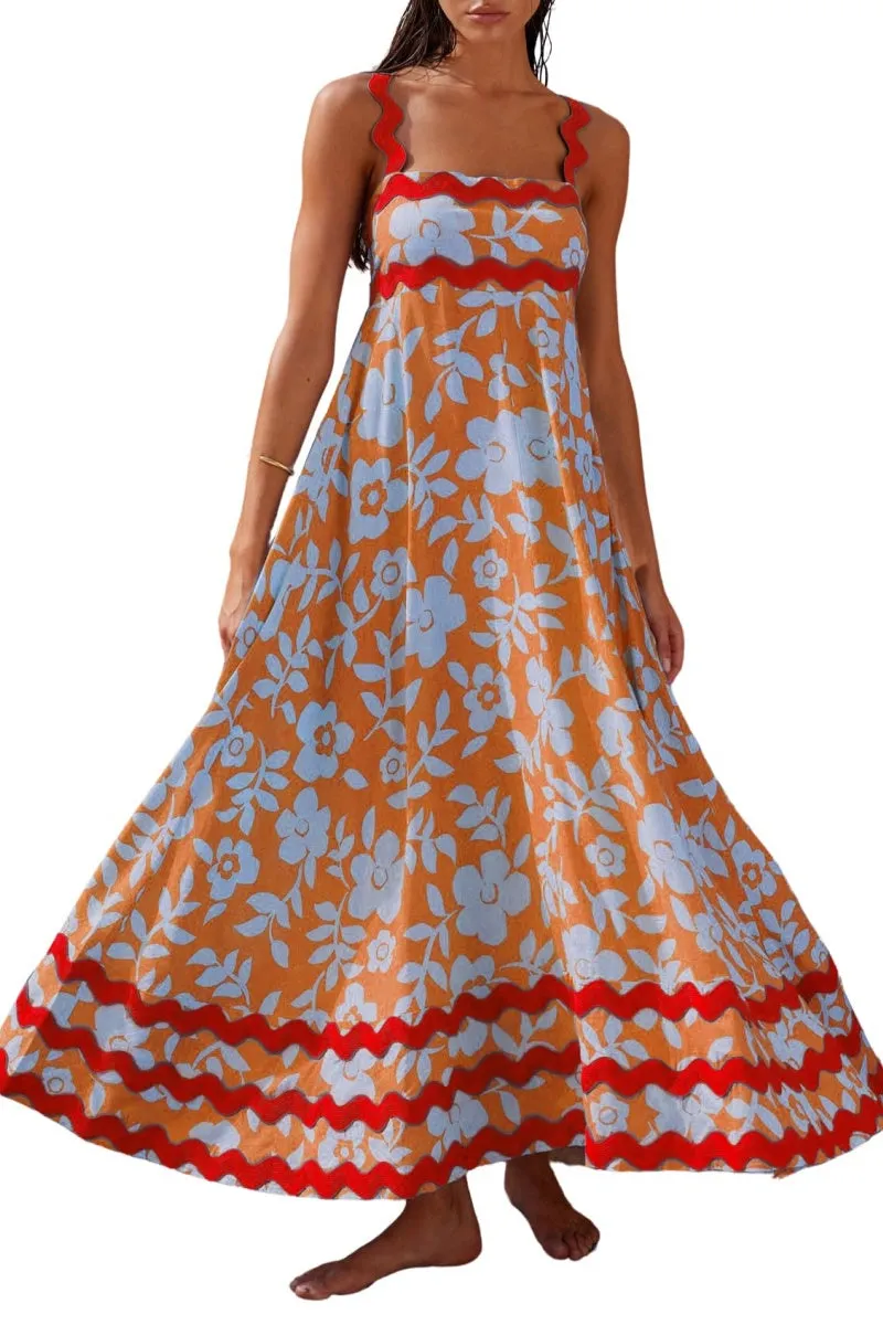 Chouyatou Women's Rickrack Trim Spaghetti Strap Square Neck Tank Maxi Dress Sleeveless Long Beach A-Line Sundress